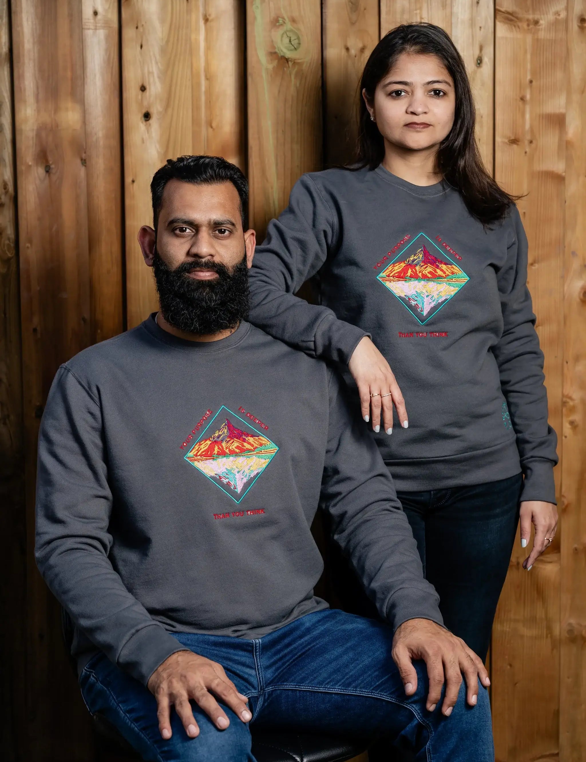 YourPurposeIsDeeper embroidered sweatshirt by TURTLEGROOVE – model wearing, oil grey
