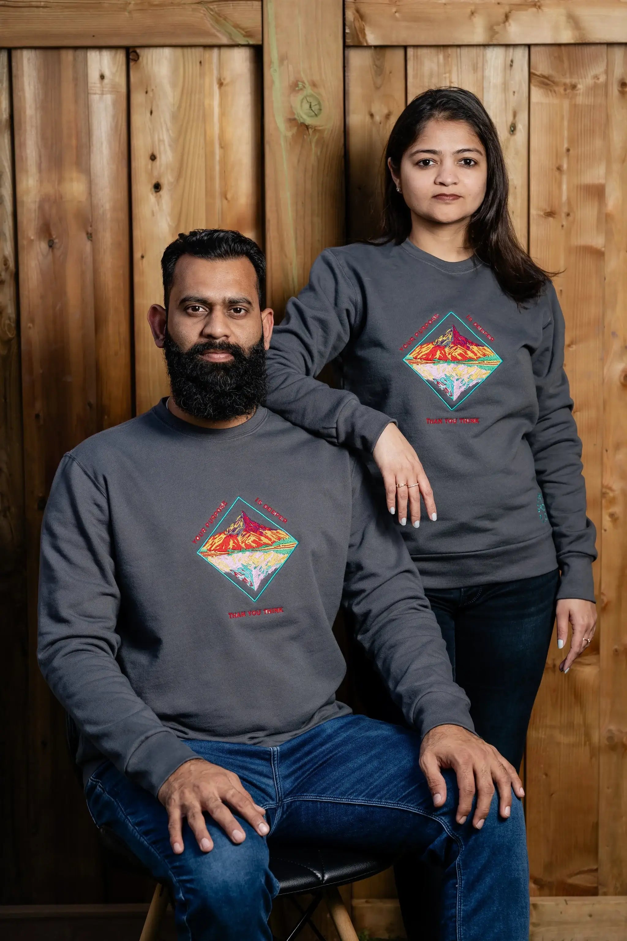 YourPurposeIsDeeper embroidered sweatshirt by TURTLEGROOVE – model wearing, oil grey