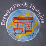 Brewing Fresh Thoughts embroidered sweatshirt by TURTLEGROOVE – embroidery close-up, Oil Grey
