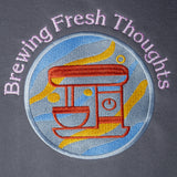 Brewing Fresh Thoughts embroidered sweatshirt by TURTLEGROOVE – embroidery close-up, Oil Grey