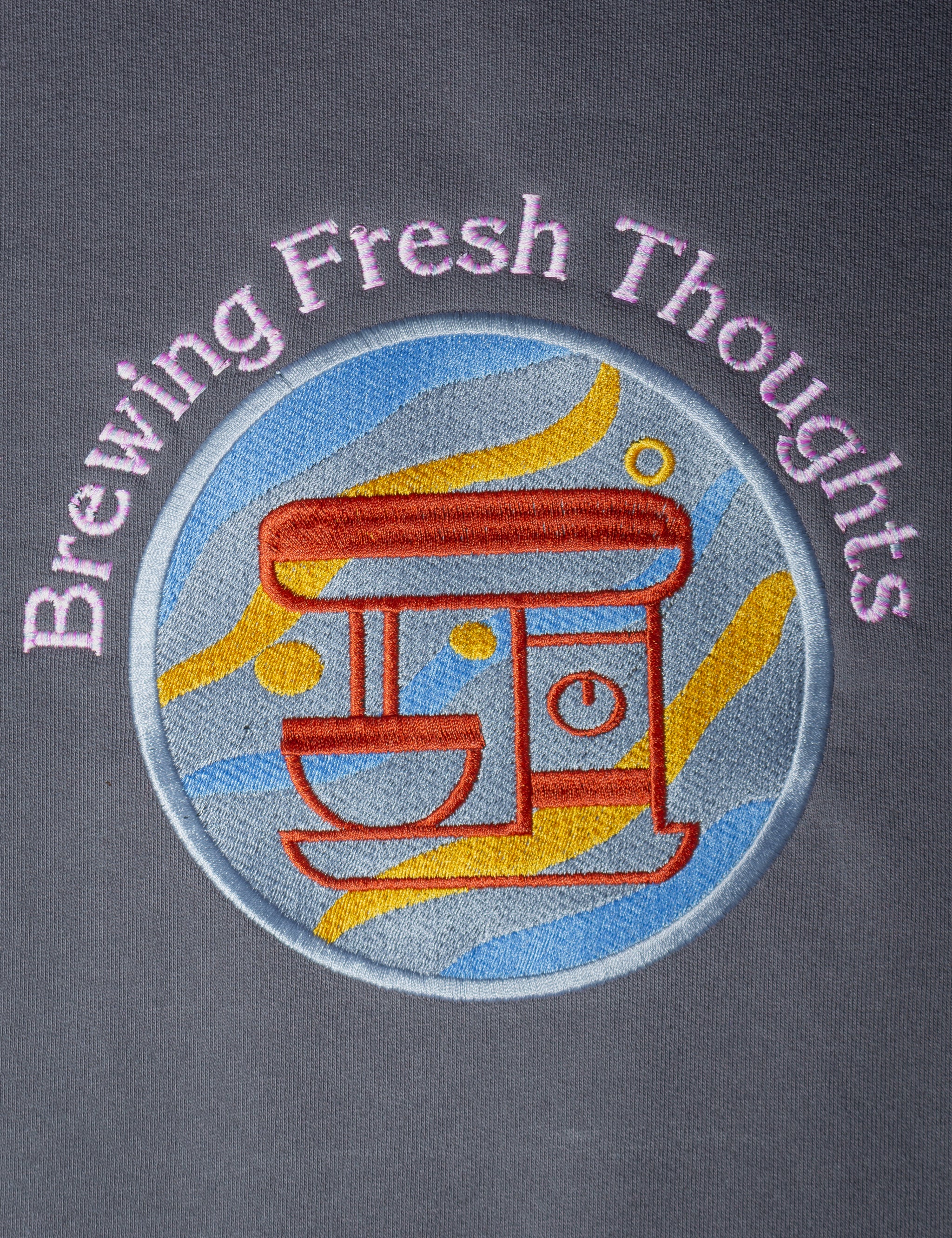 Brewing Fresh Thoughts embroidered sweatshirt by TURTLEGROOVE – embroidery close-up, Oil Grey