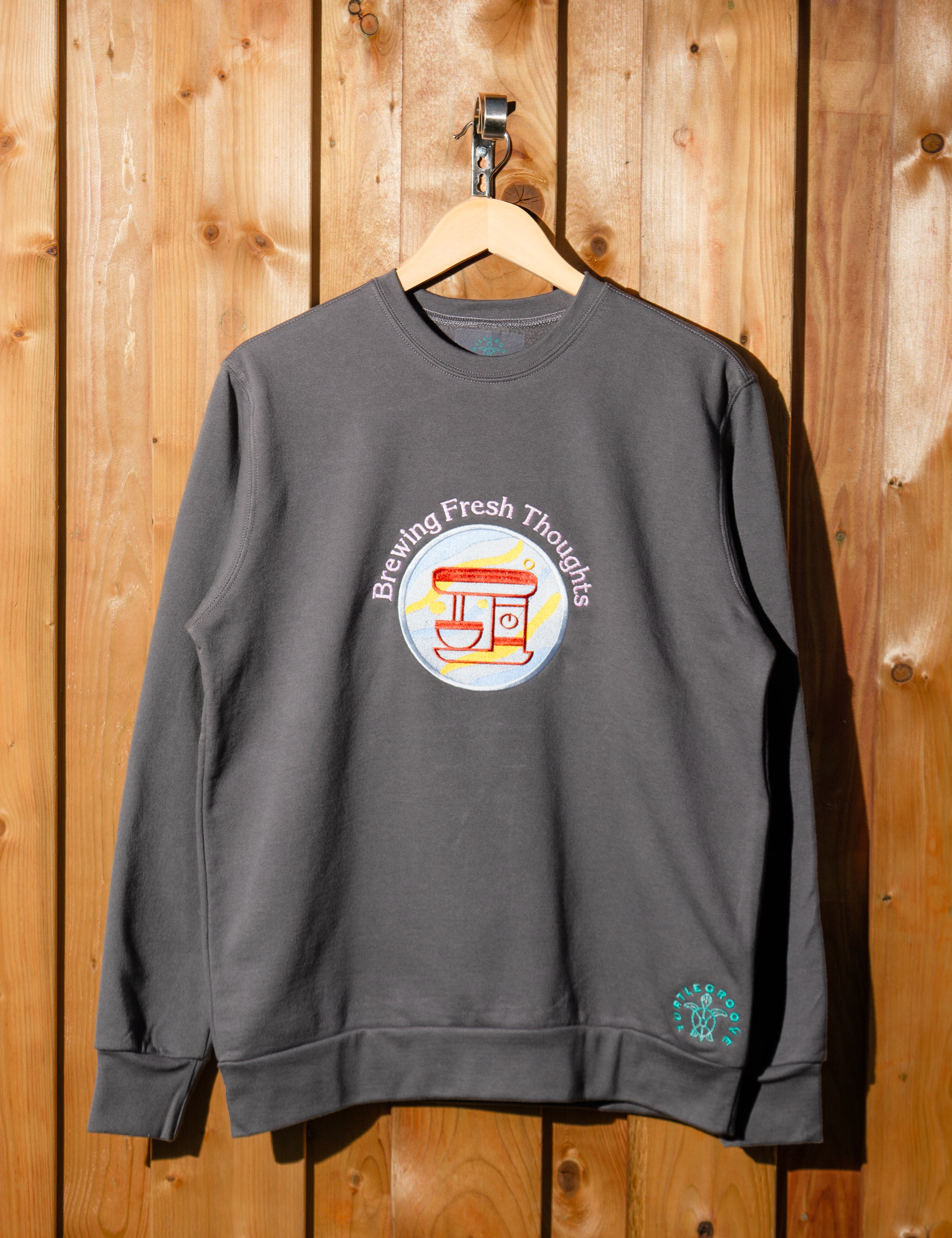 Brewing Fresh Thoughts sweatshirt by TURTLEGROOVE – front view, Oil Grey