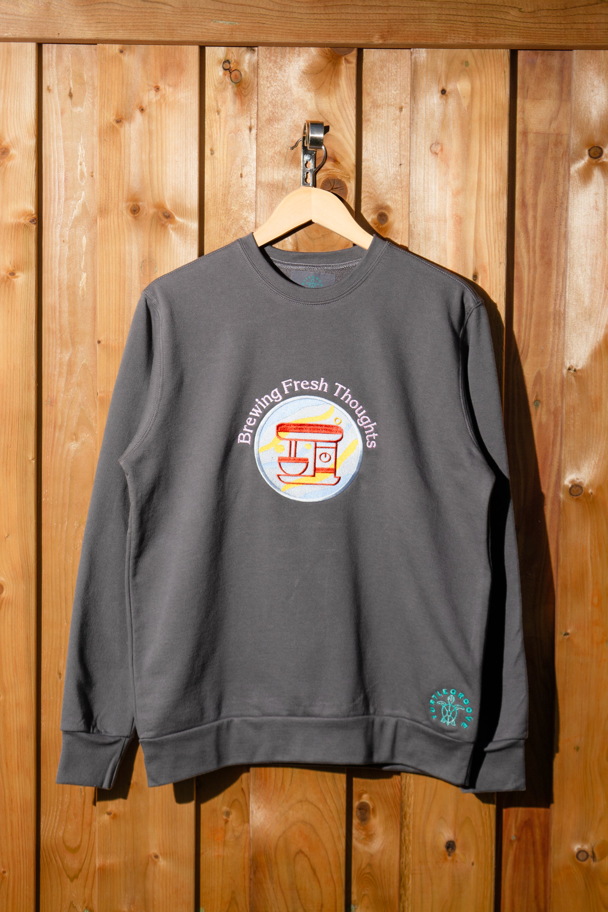 Brewing Fresh Thoughts sweatshirt by TURTLEGROOVE – front view, Oil Grey