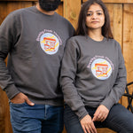 Brewing Fresh Thoughts embroidered sweatshirt by TURTLEGROOVE – model wearing, Oil Grey