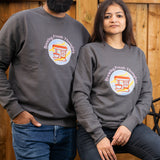 Brewing Fresh Thoughts embroidered sweatshirt by TURTLEGROOVE – model wearing, Oil Grey