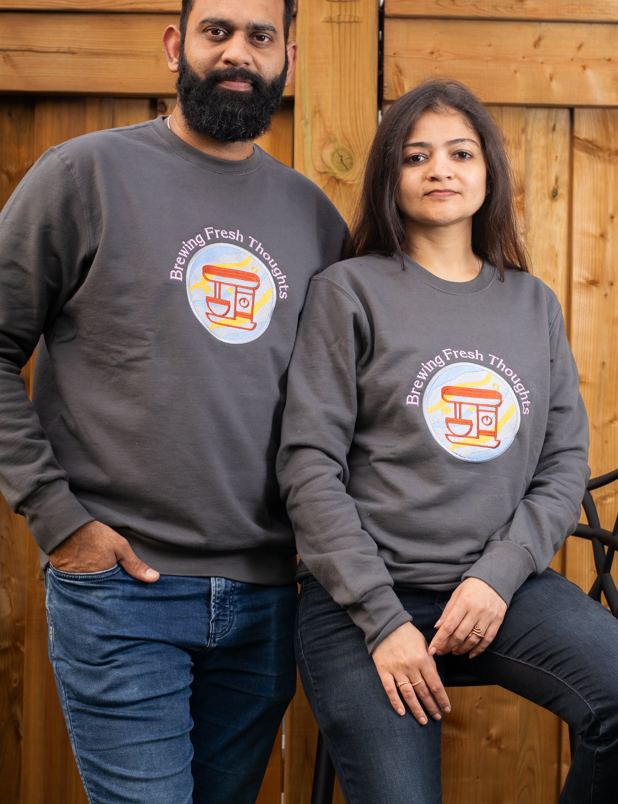 Brewing Fresh Thoughts embroidered sweatshirt by TURTLEGROOVE – model wearing, Oil Grey
