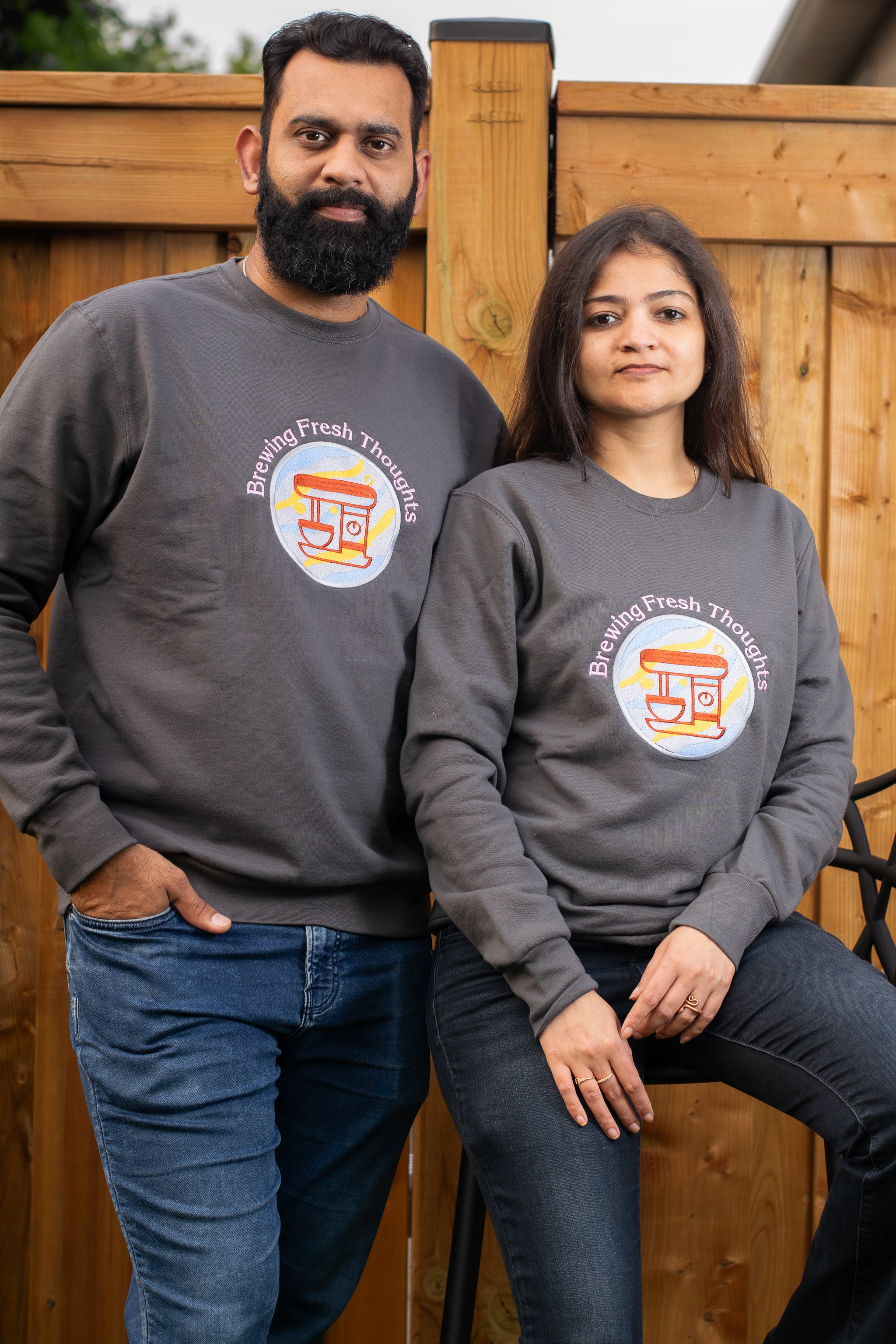Brewing Fresh Thoughts embroidered sweatshirt by TURTLEGROOVE – model wearing, Oil Grey