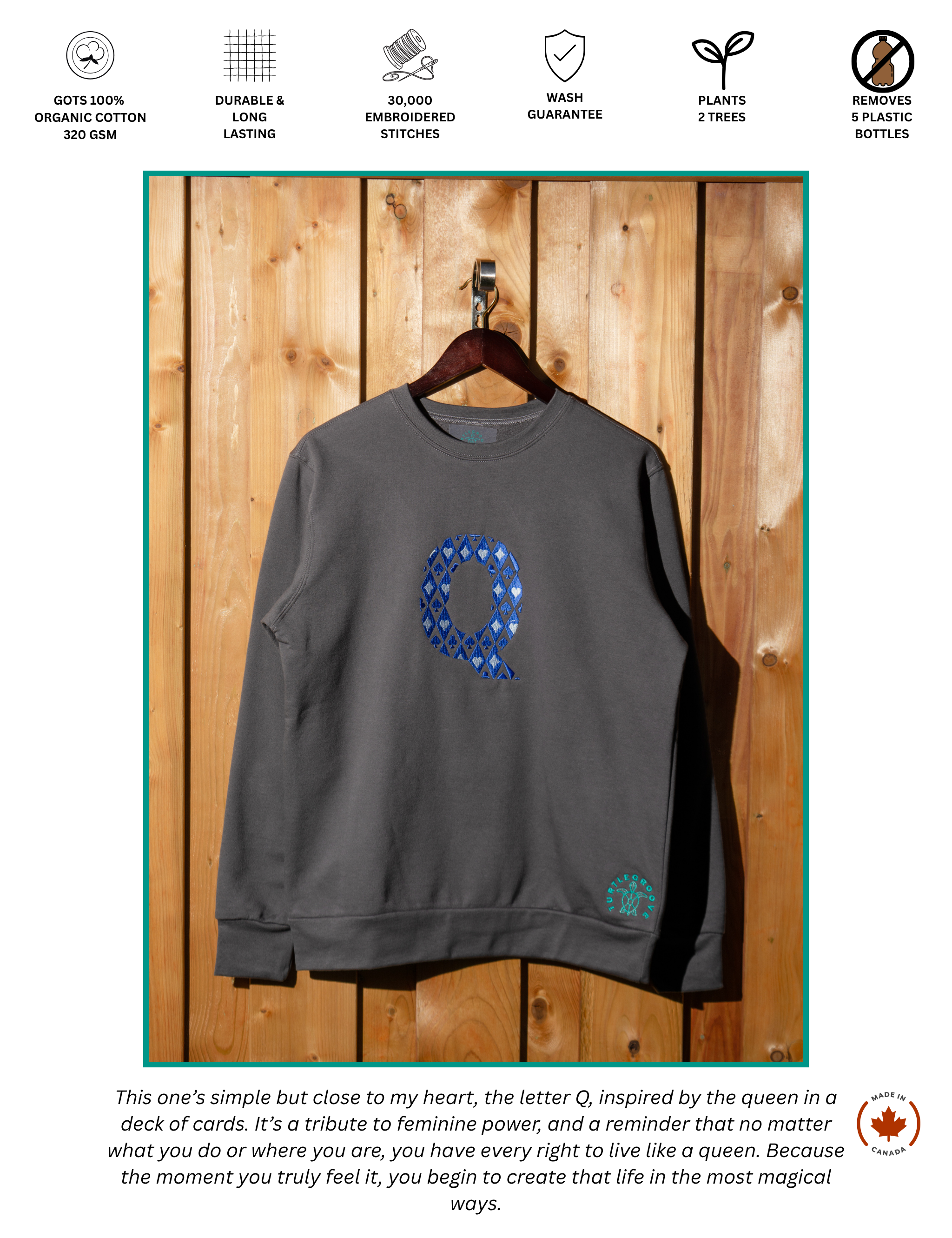 Q embroidered sweatshirt by TURTLEGROOVE – feature highlights, organic cotton, Made in Canada