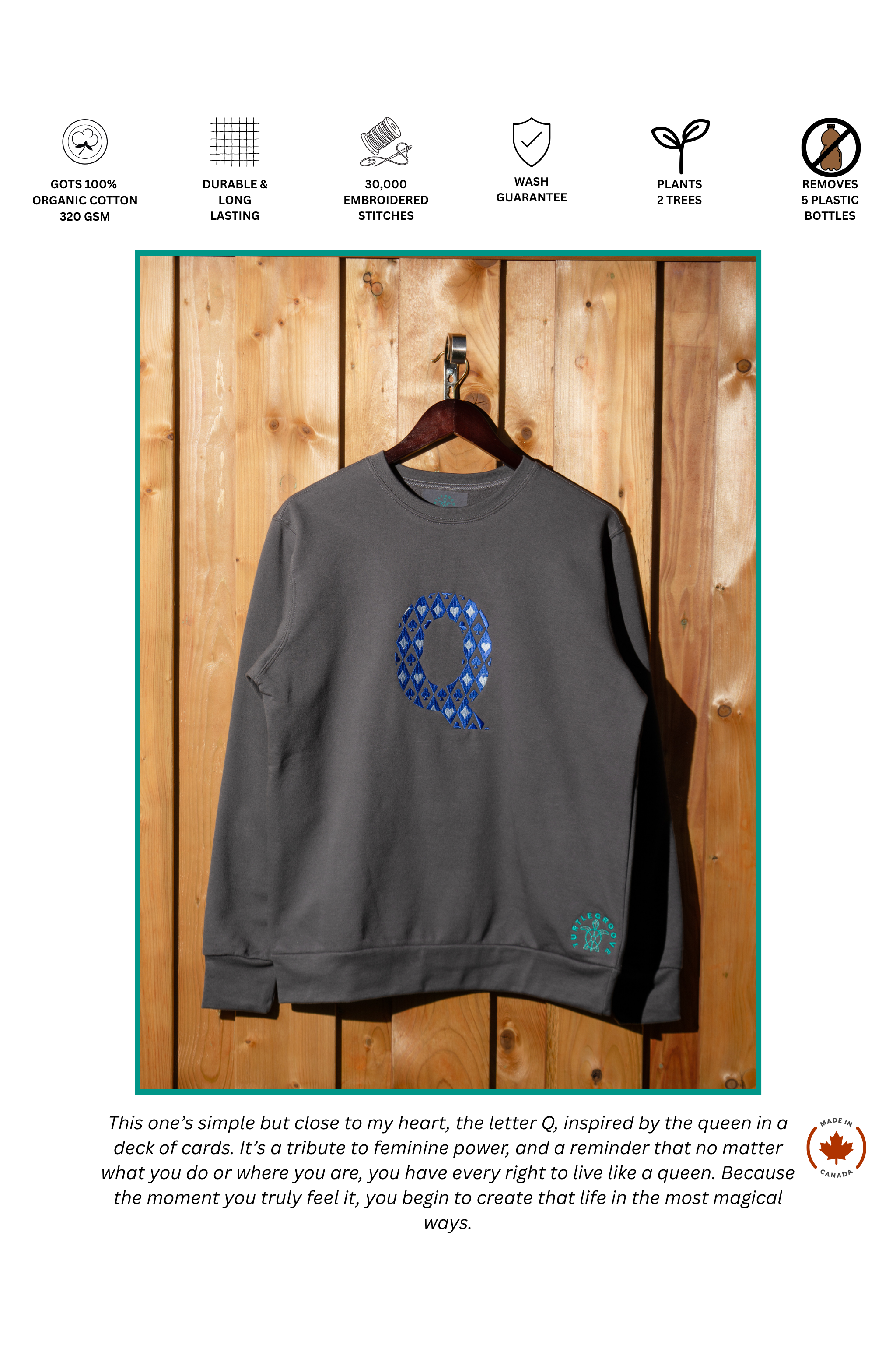 Q embroidered sweatshirt by TURTLEGROOVE – feature highlights, organic cotton, Made in Canada