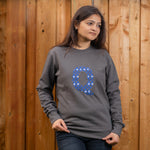 Q embroidered sweatshirt by TURTLEGROOVE – model wearing, Oil Grey