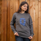 Q embroidered sweatshirt by TURTLEGROOVE – model wearing, Oil Grey