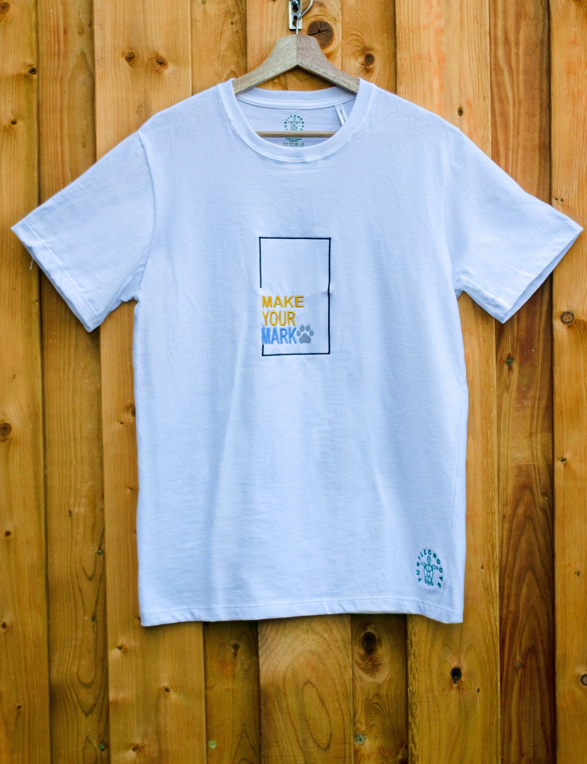 Make Your Mark embroidered t-shirt by TURTLEGROOVE – front view, white