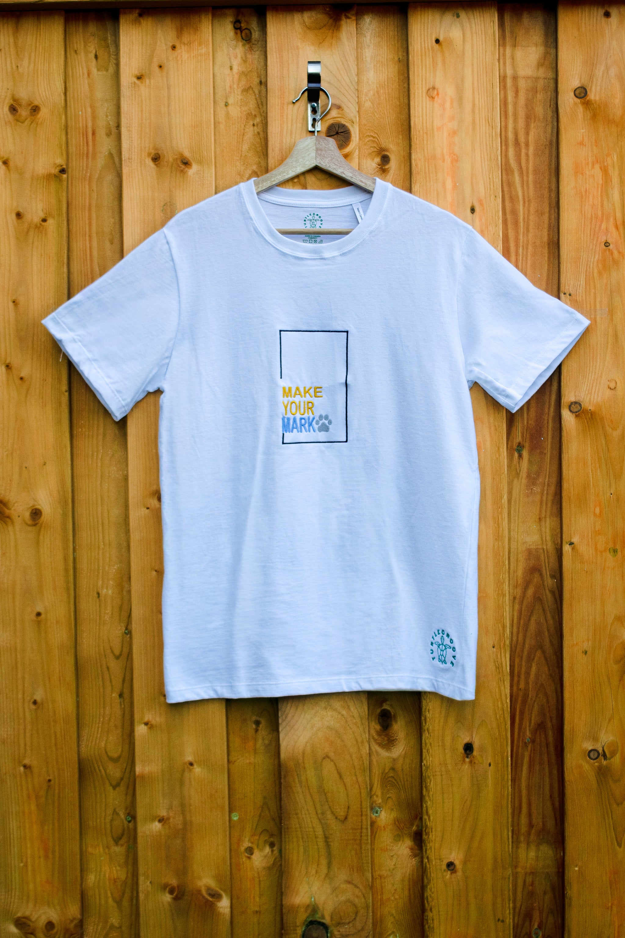 Make Your Mark embroidered t-shirt by TURTLEGROOVE – front view, white