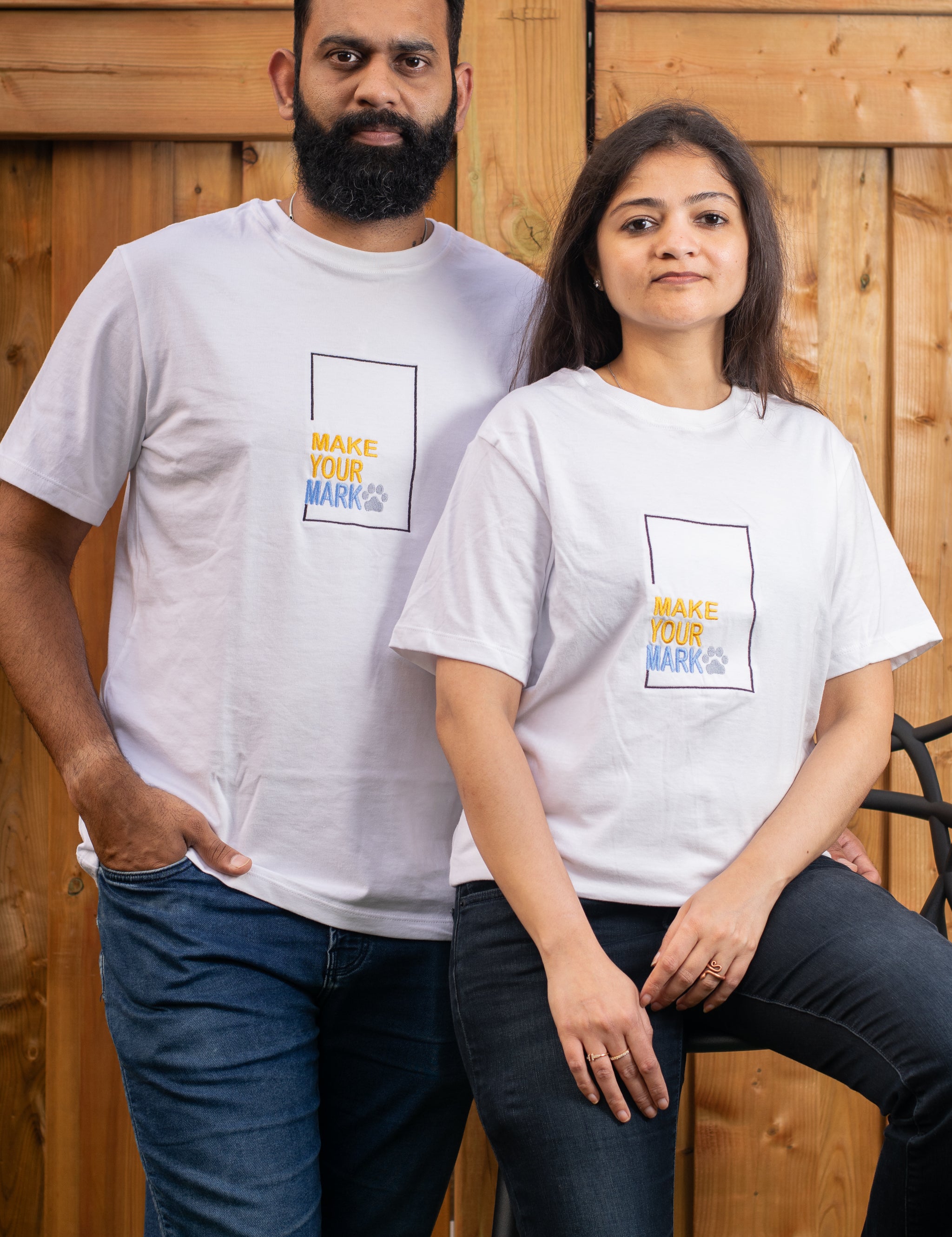 Make Your Mark embroidered t-shirt by TURTLEGROOVE – model wearing, white