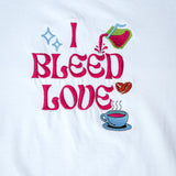 I Bleed Love embroidered t-shirt by TURTLEGROOVE – embroidery close-up, white