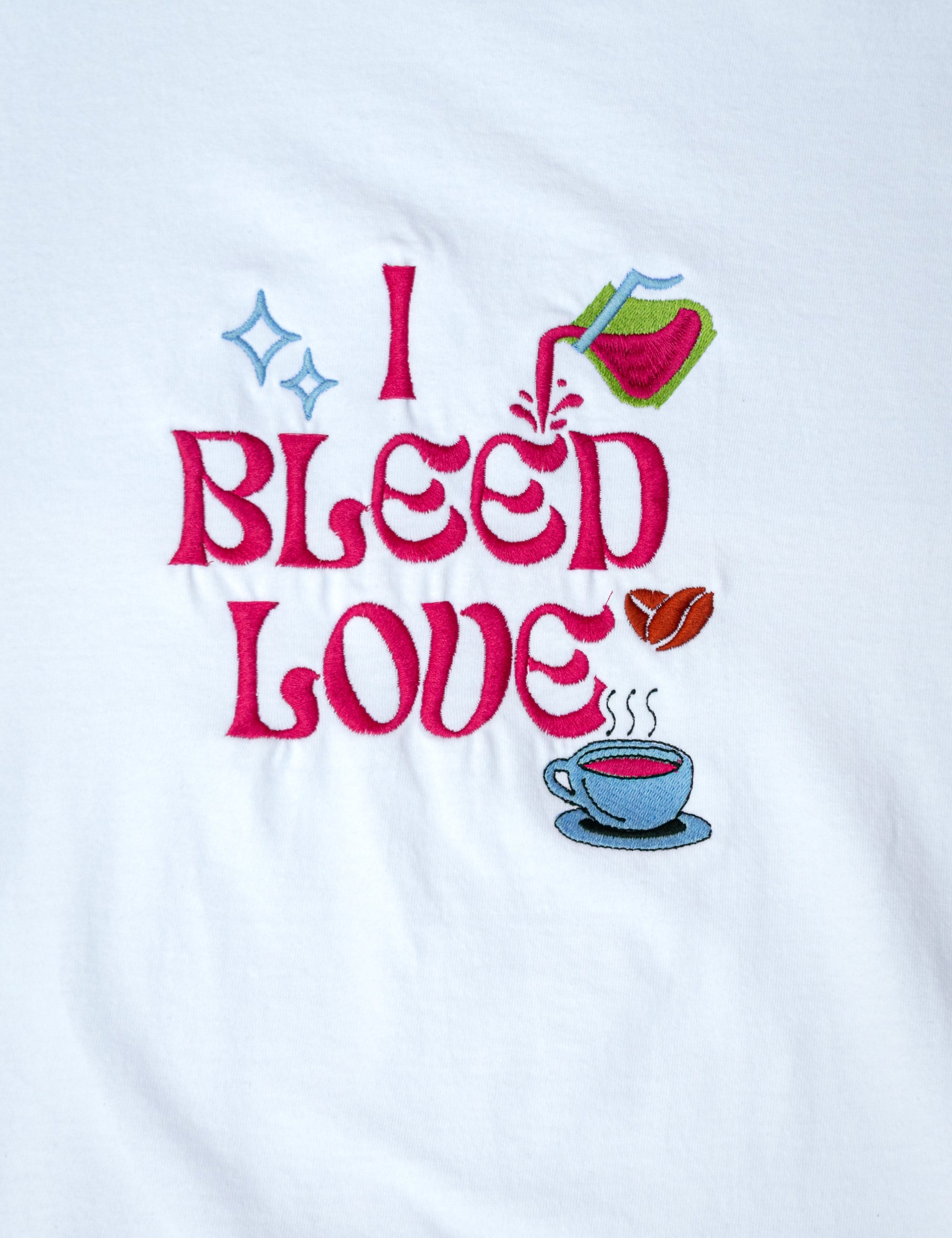 I Bleed Love embroidered t-shirt by TURTLEGROOVE – embroidery close-up, white