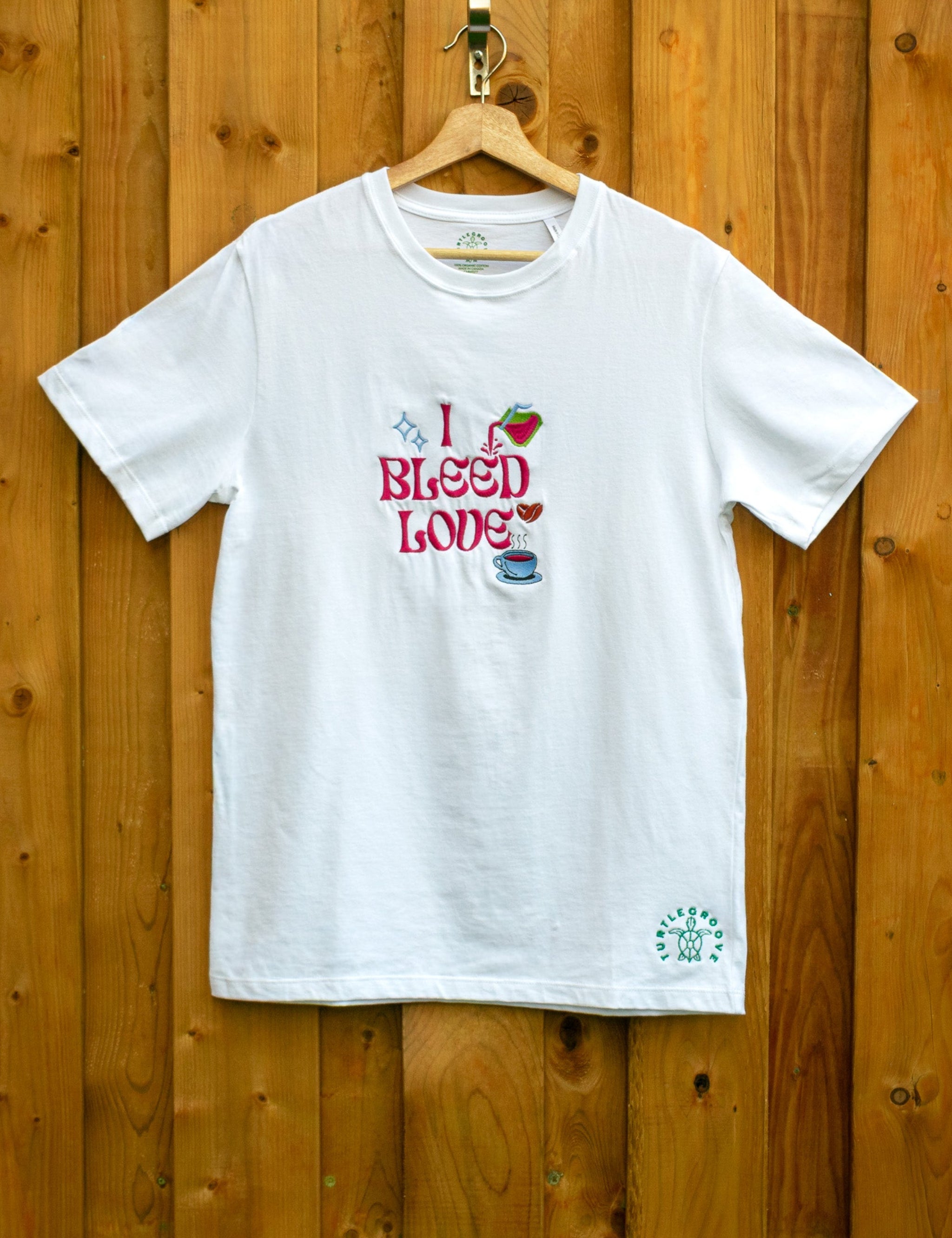 I Bleed Love embroidered t-shirt by TURTLEGROOVE – front view, white