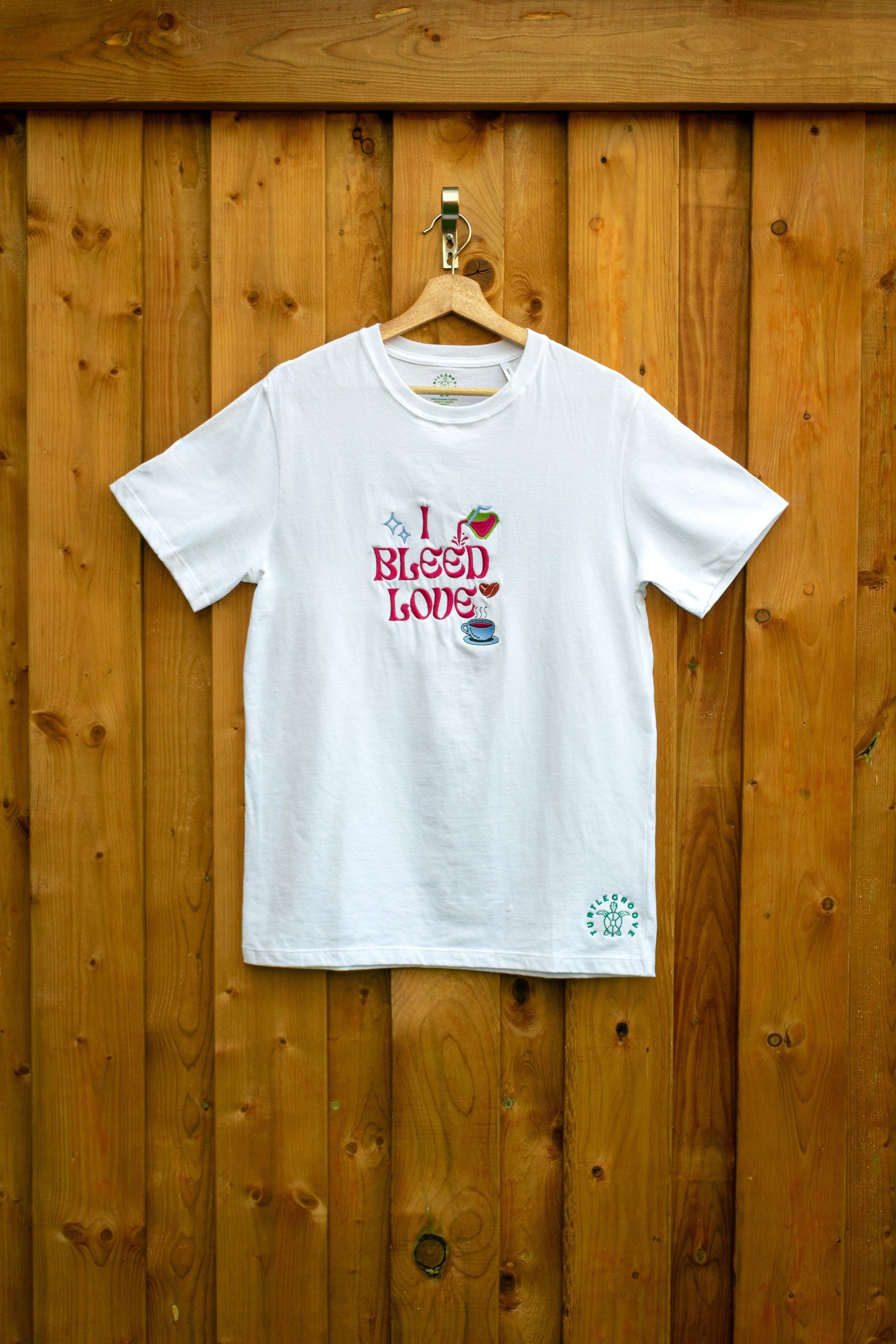 I Bleed Love embroidered t-shirt by TURTLEGROOVE – front view, white