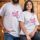 I Bleed Love embroidered t-shirt by TURTLEGROOVE – model wearing, white
