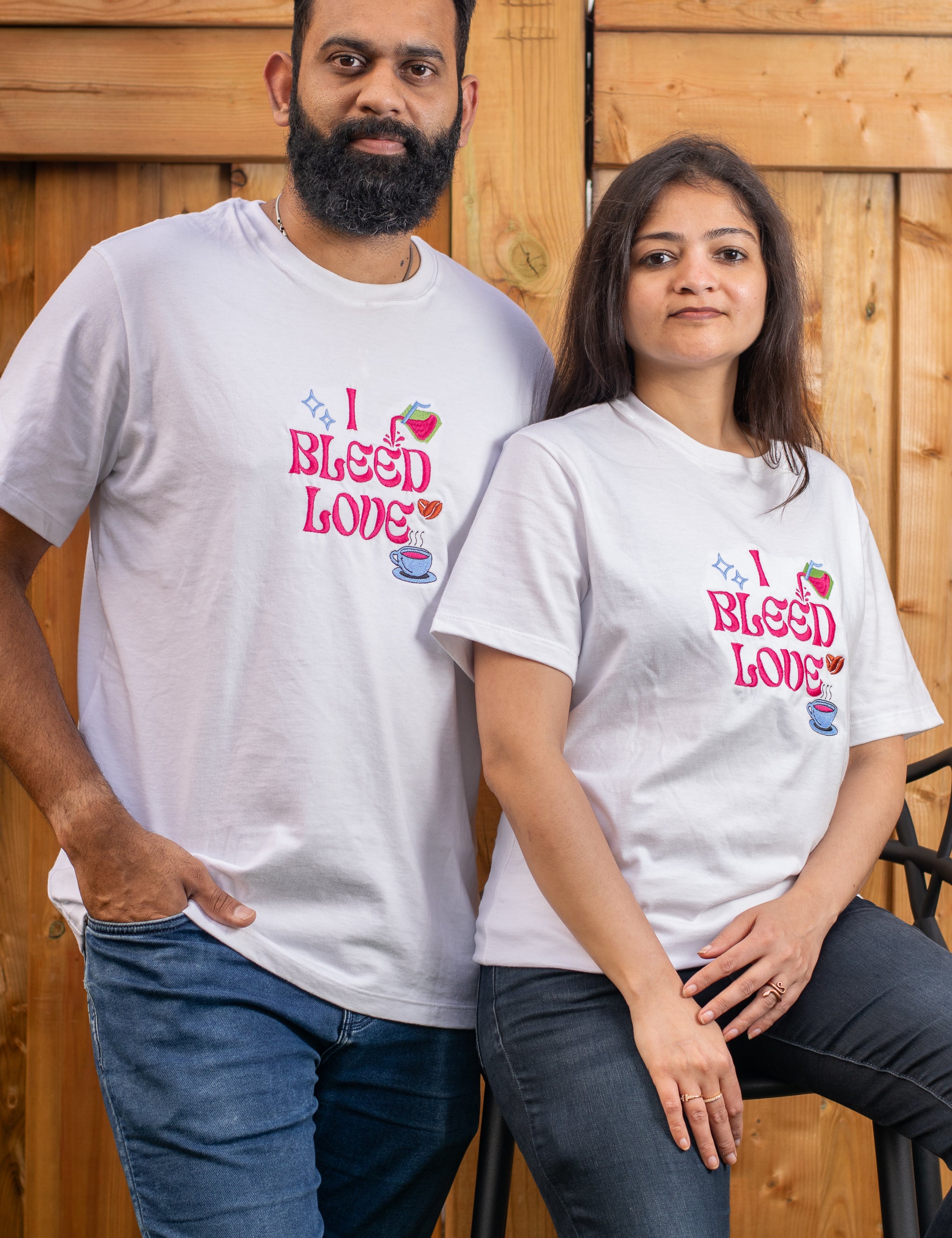 I Bleed Love embroidered t-shirt by TURTLEGROOVE – model wearing, white