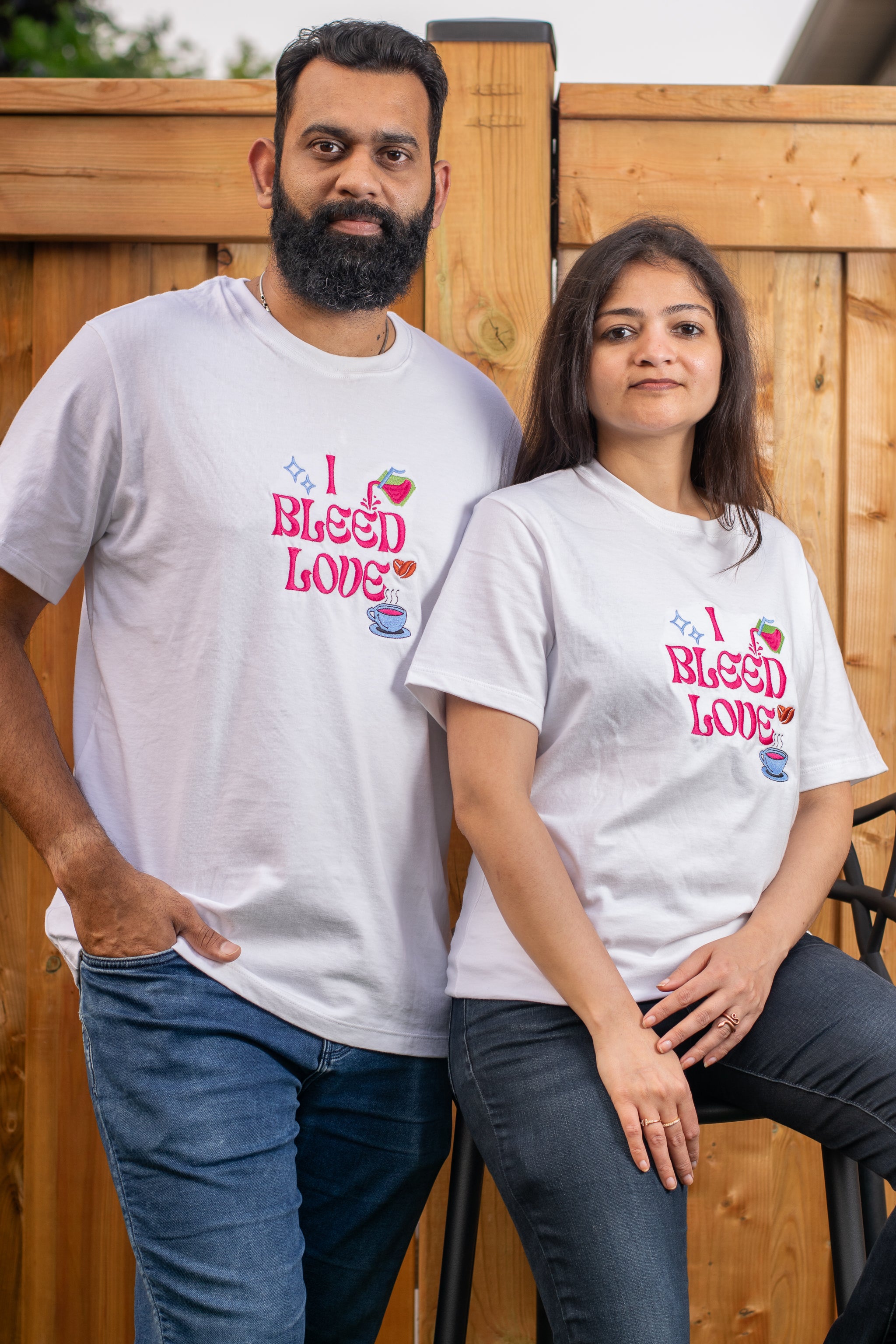I Bleed Love embroidered t-shirt by TURTLEGROOVE – model wearing, white