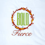 Bold & Fierce embroidered t-shirt by TURTLEGROOVE – embroidery close-up detail, white