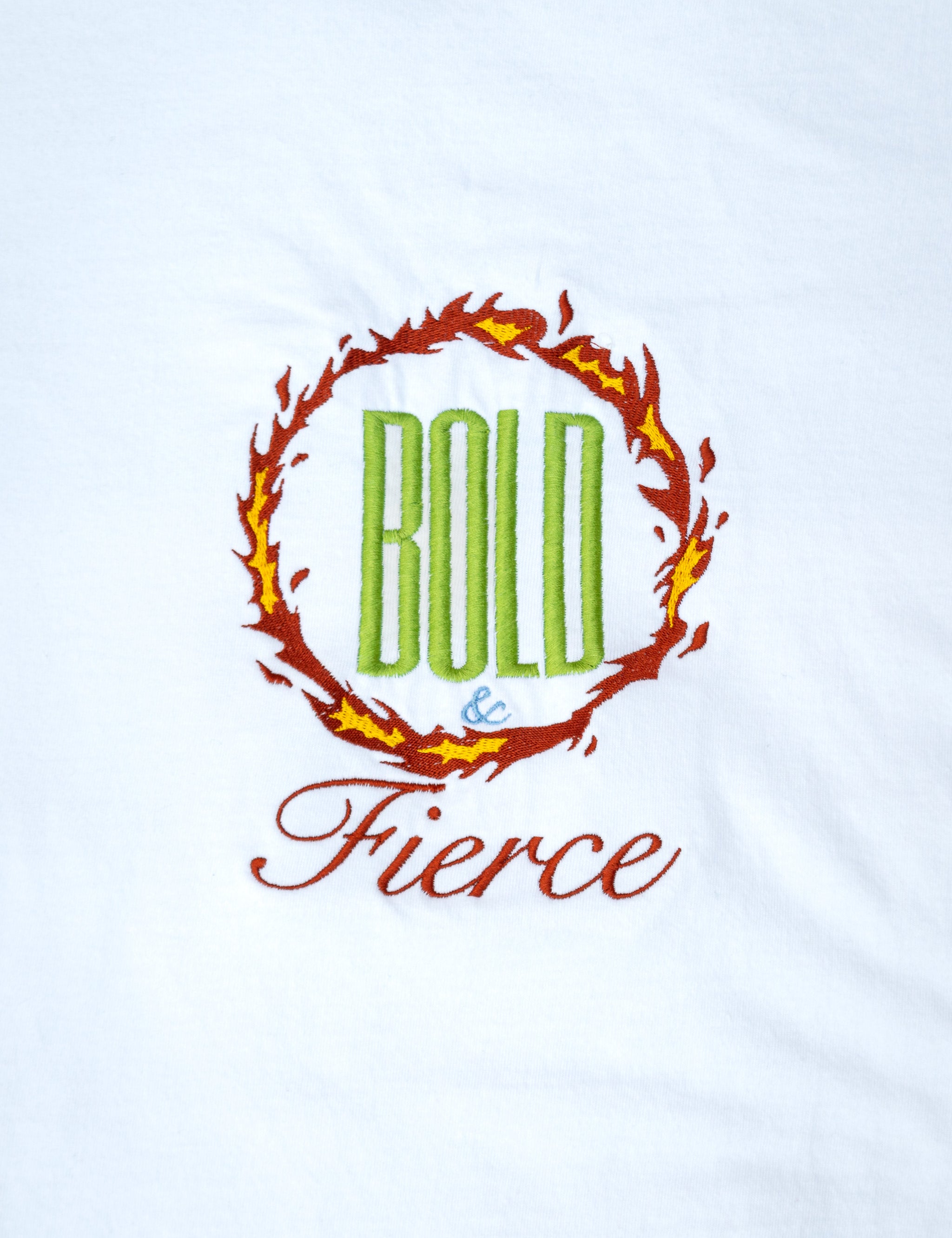 Bold & Fierce embroidered t-shirt by TURTLEGROOVE – embroidery close-up detail, white