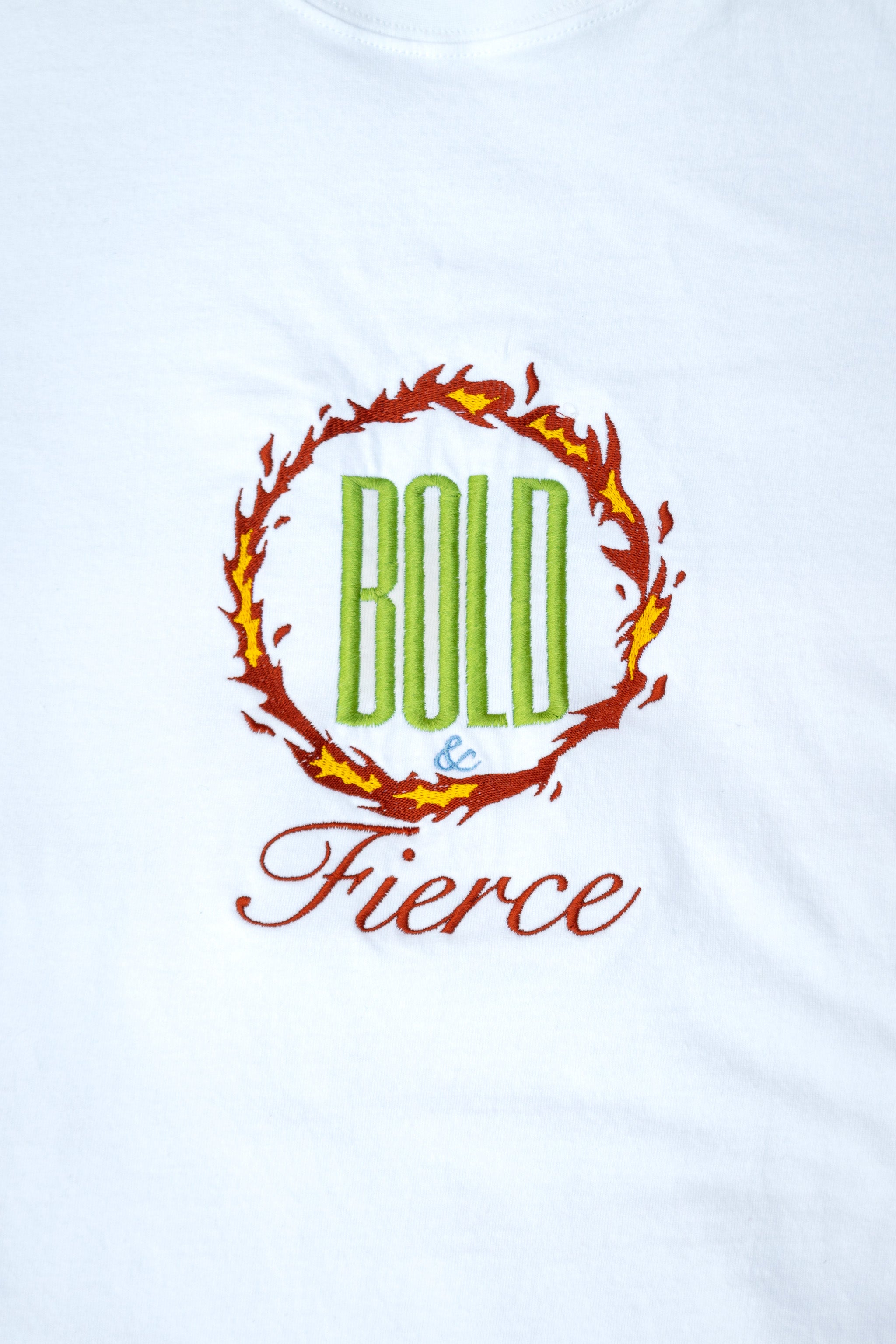 Bold & Fierce embroidered t-shirt by TURTLEGROOVE – embroidery close-up detail, white