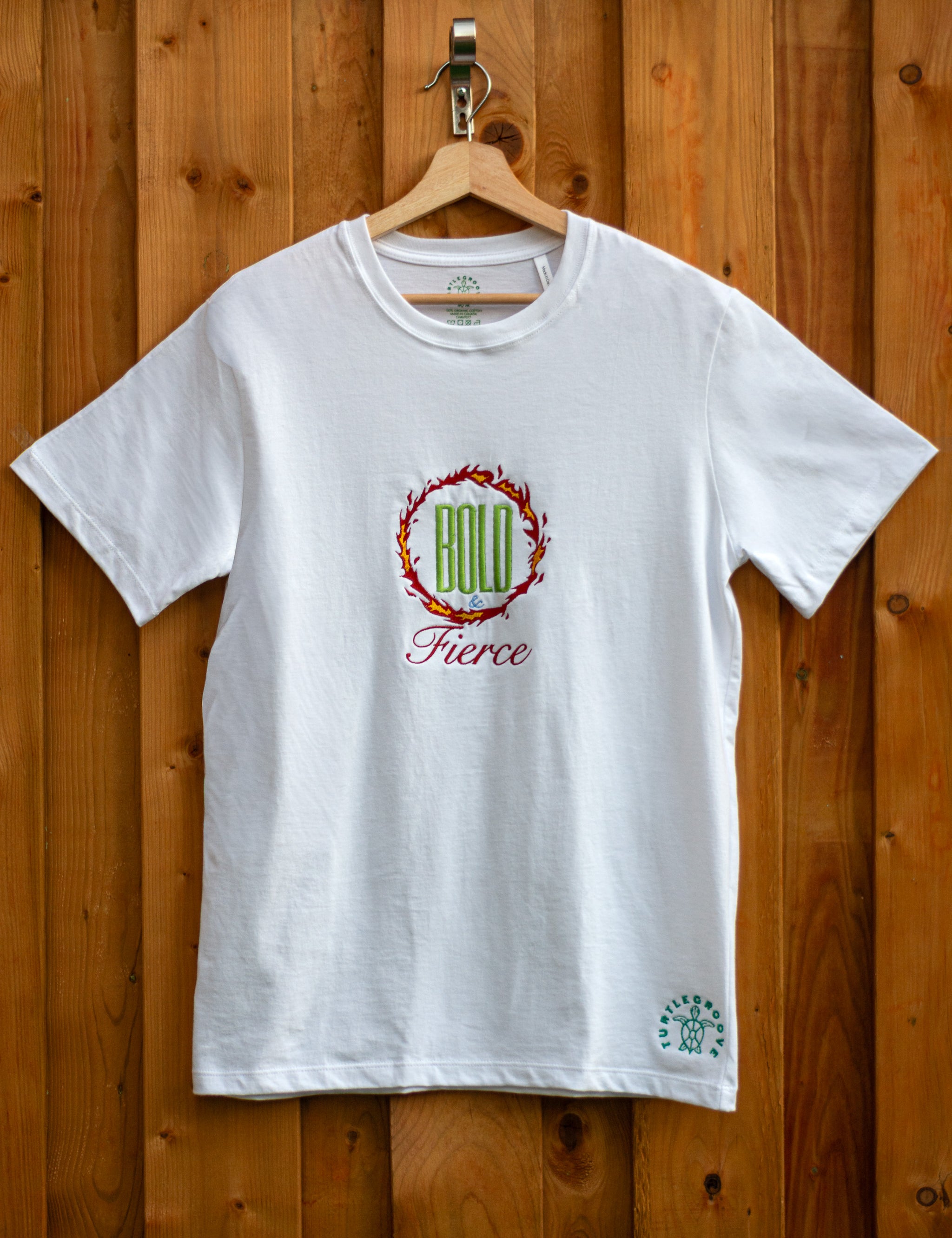 Bold & Fierce embroidered t-shirt by TURTLEGROOVE – front view, white