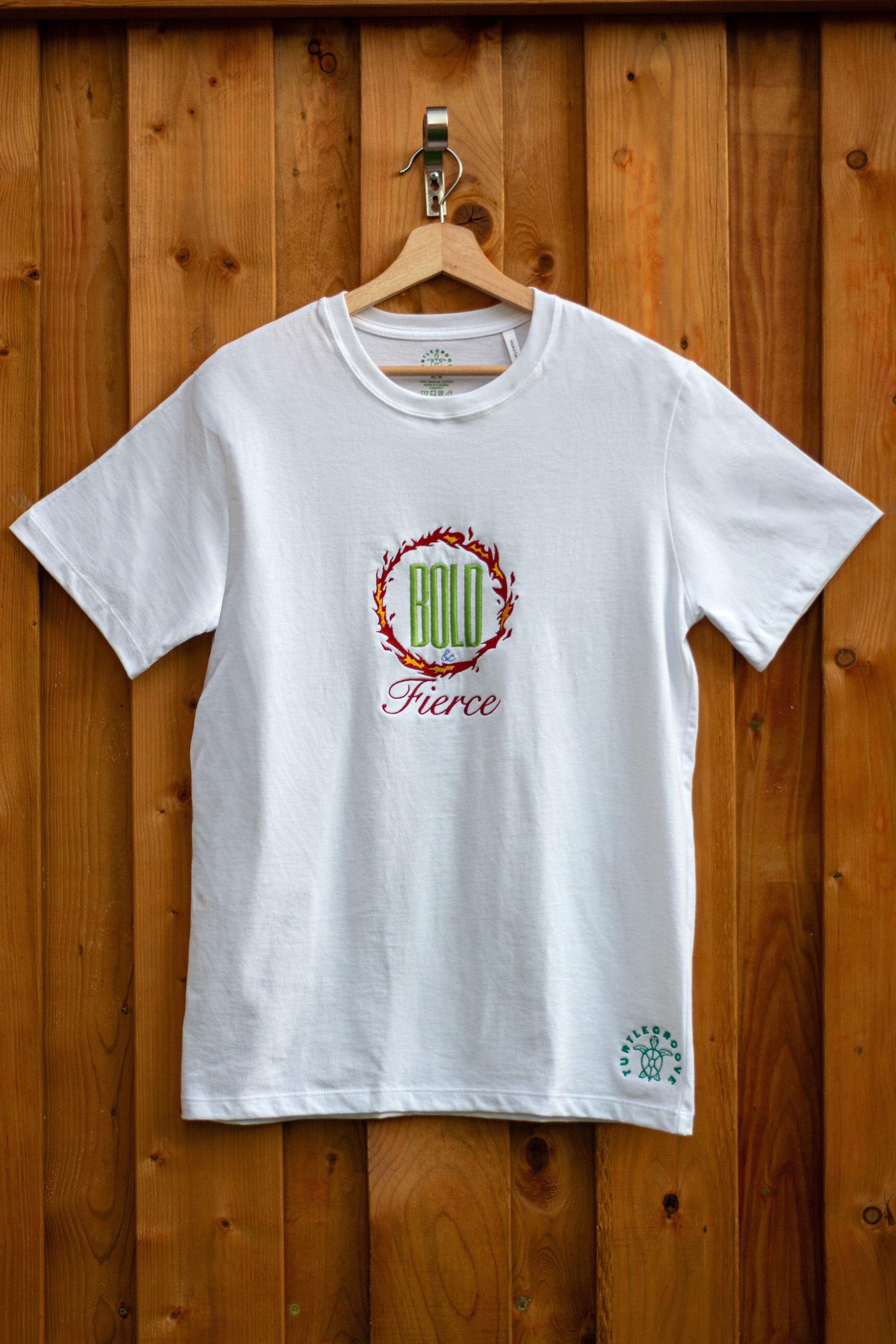 Bold & Fierce embroidered t-shirt by TURTLEGROOVE – front view, white