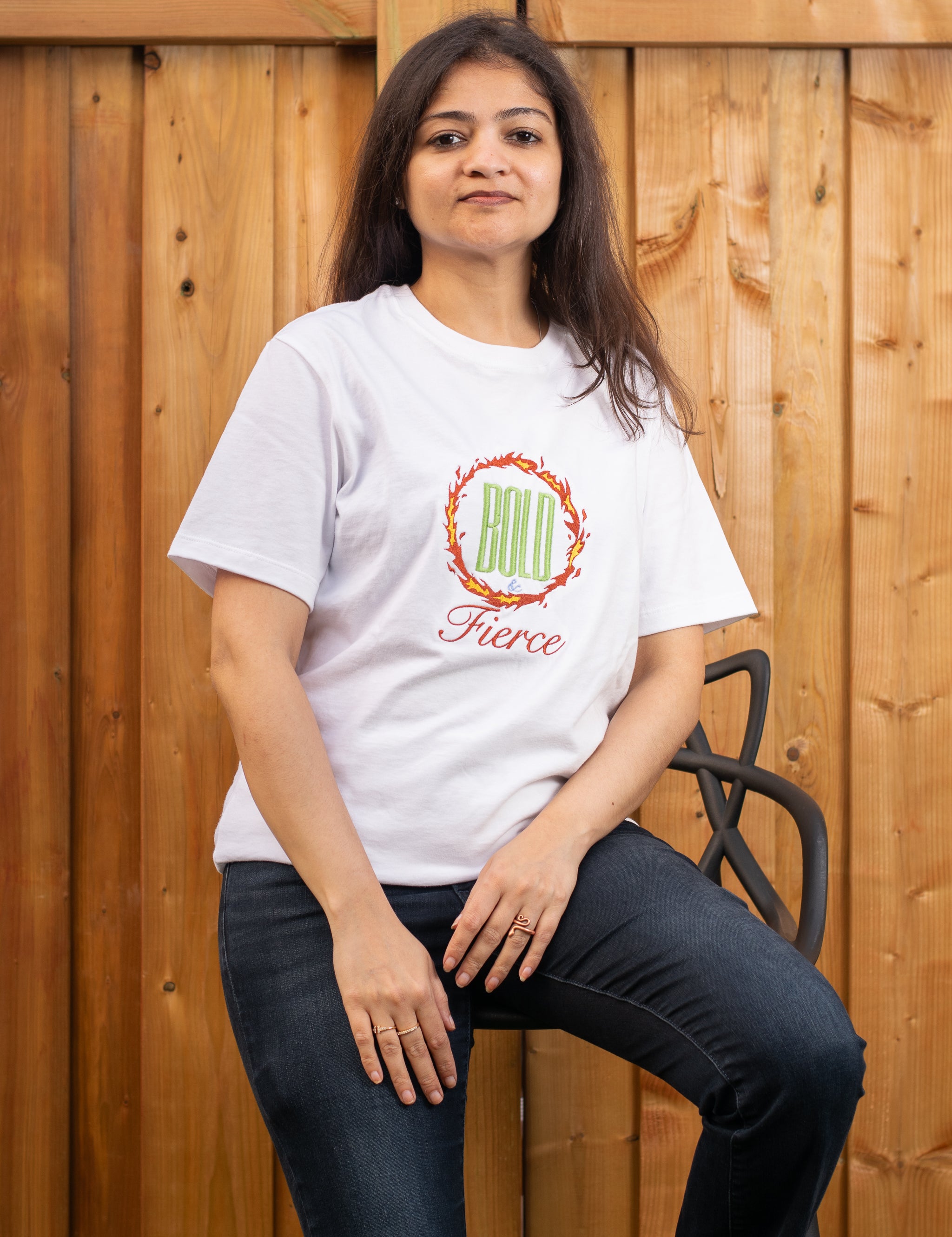 Bold & Fierce embroidered t-shirt by TURTLEGROOVE – model wearing, white