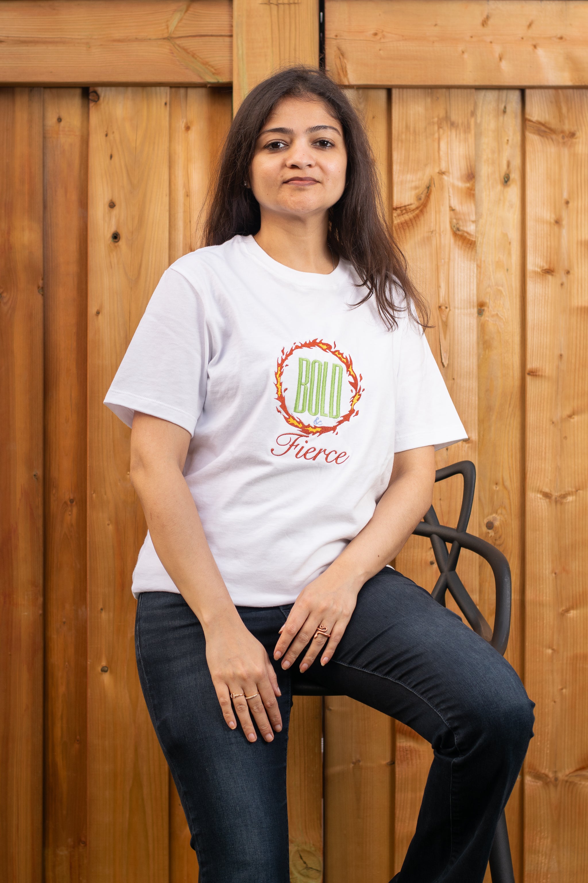 Bold & Fierce embroidered t-shirt by TURTLEGROOVE – model wearing, white