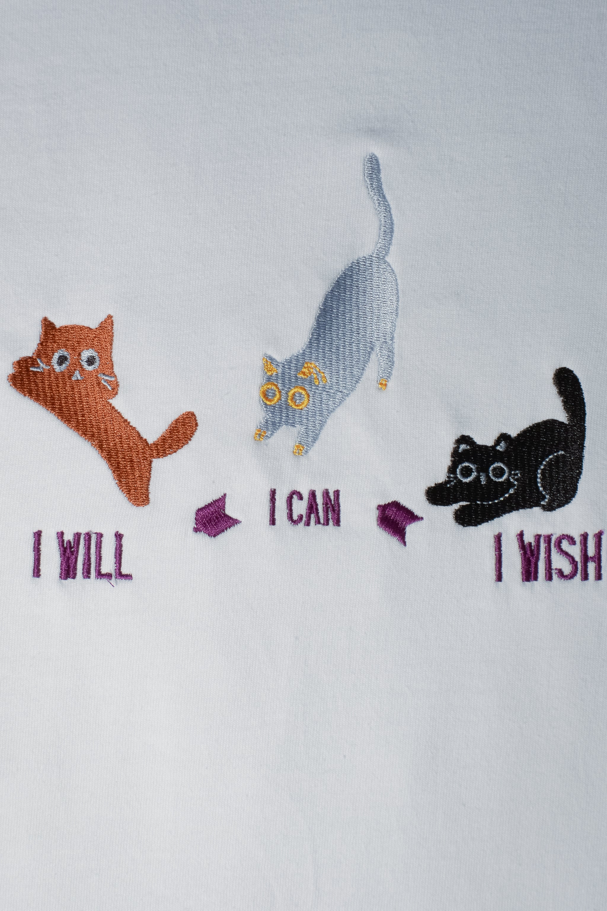 I Will Can Wish embroidered t-shirt by TURTLEGROOVE – embroidery close-up detail, white