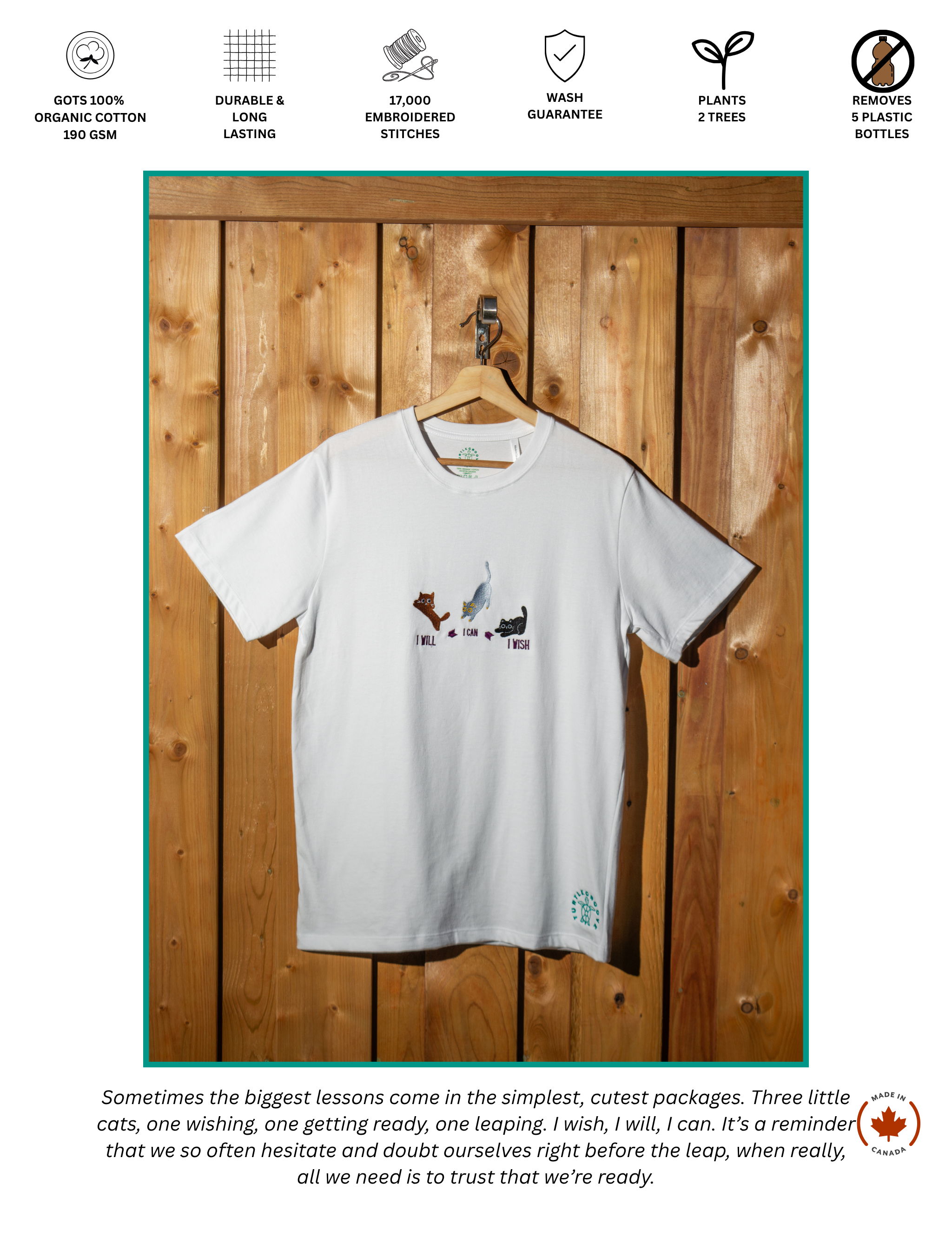 I Will Can Wish embroidered t-shirt by TURTLEGROOVE – feature highlights, organic cotton, Made in Canada