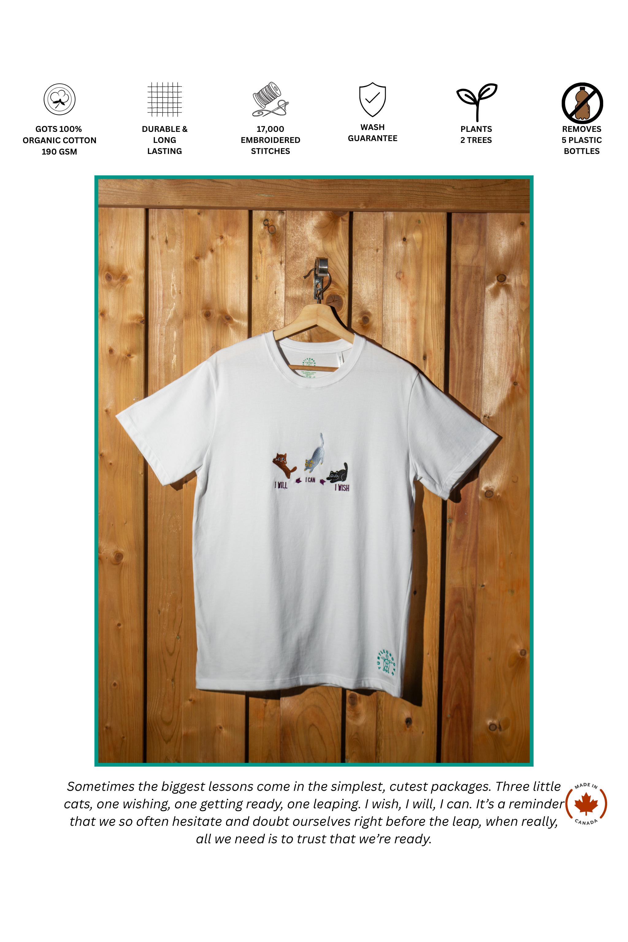 I Will Can Wish embroidered t-shirt by TURTLEGROOVE – feature highlights, organic cotton, Made in Canada