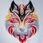 Flare Wolf embroidered t-shirt by TURTLEGROOVE – embroidery close-up detail, white