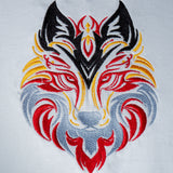 Flare Wolf embroidered t-shirt by TURTLEGROOVE – embroidery close-up detail, white