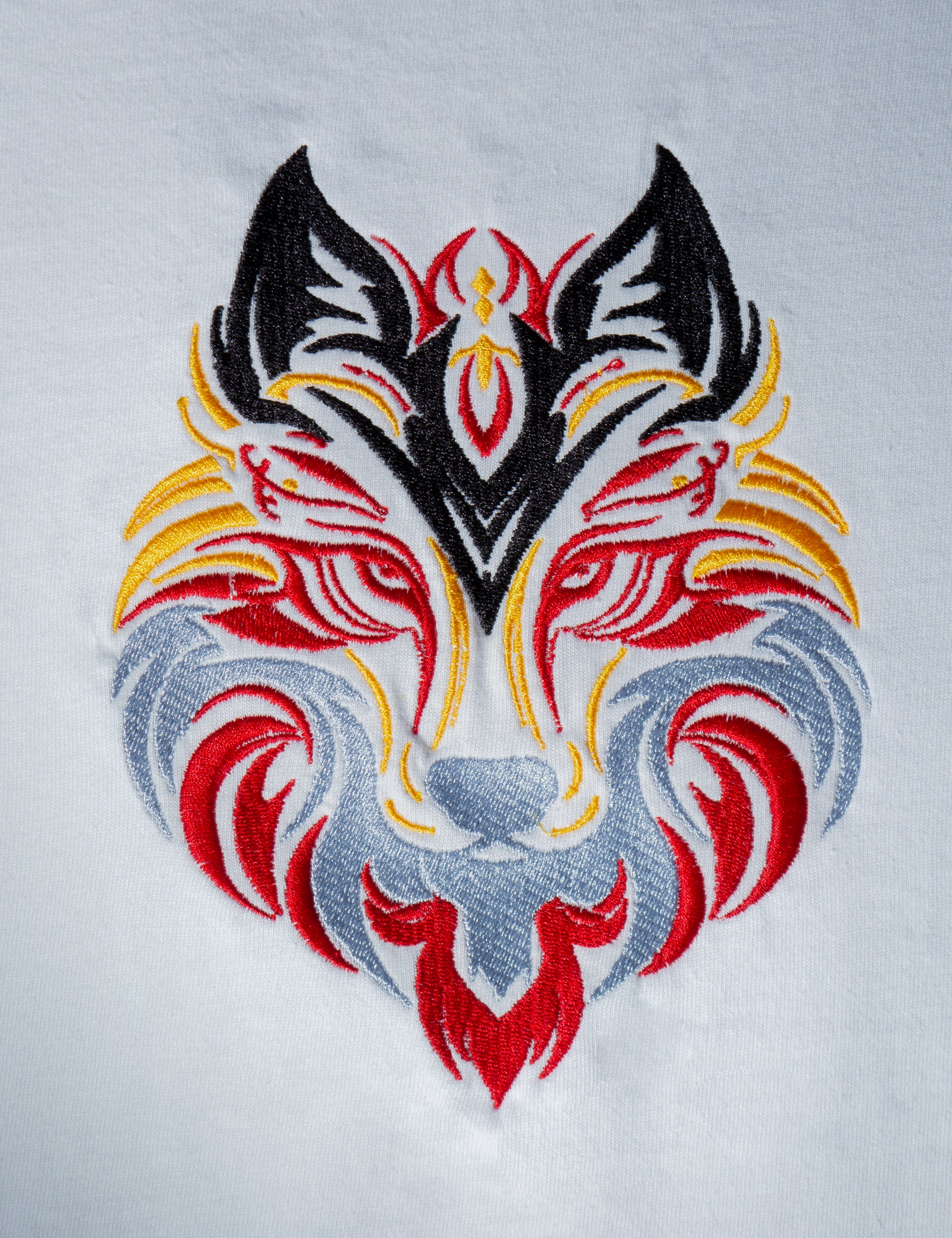 Flare Wolf embroidered t-shirt by TURTLEGROOVE – embroidery close-up detail, white