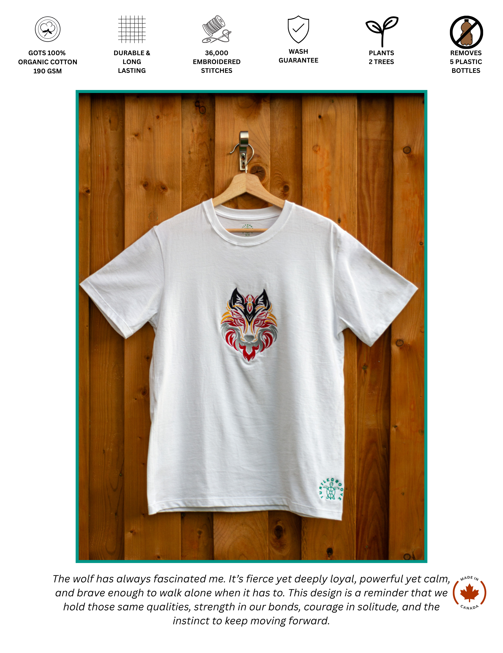 Flare Wolf embroidered t-shirt by TURTLEGROOVE – feature highlights, organic cotton, Made in Canada