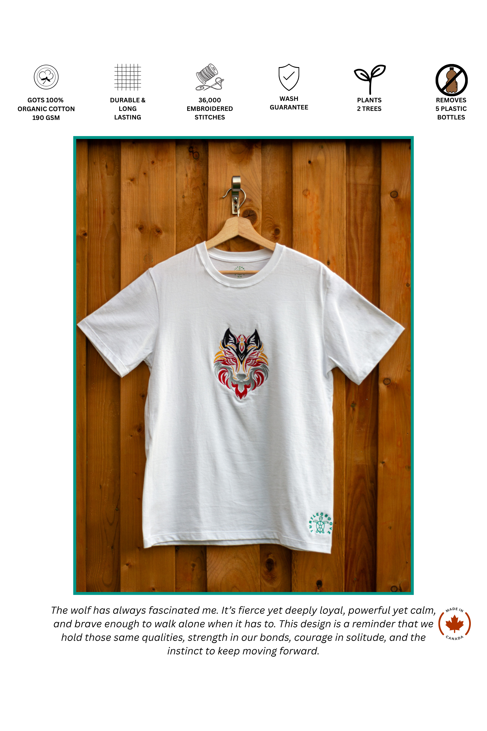 Flare Wolf embroidered t-shirt by TURTLEGROOVE – feature highlights, organic cotton, Made in Canada