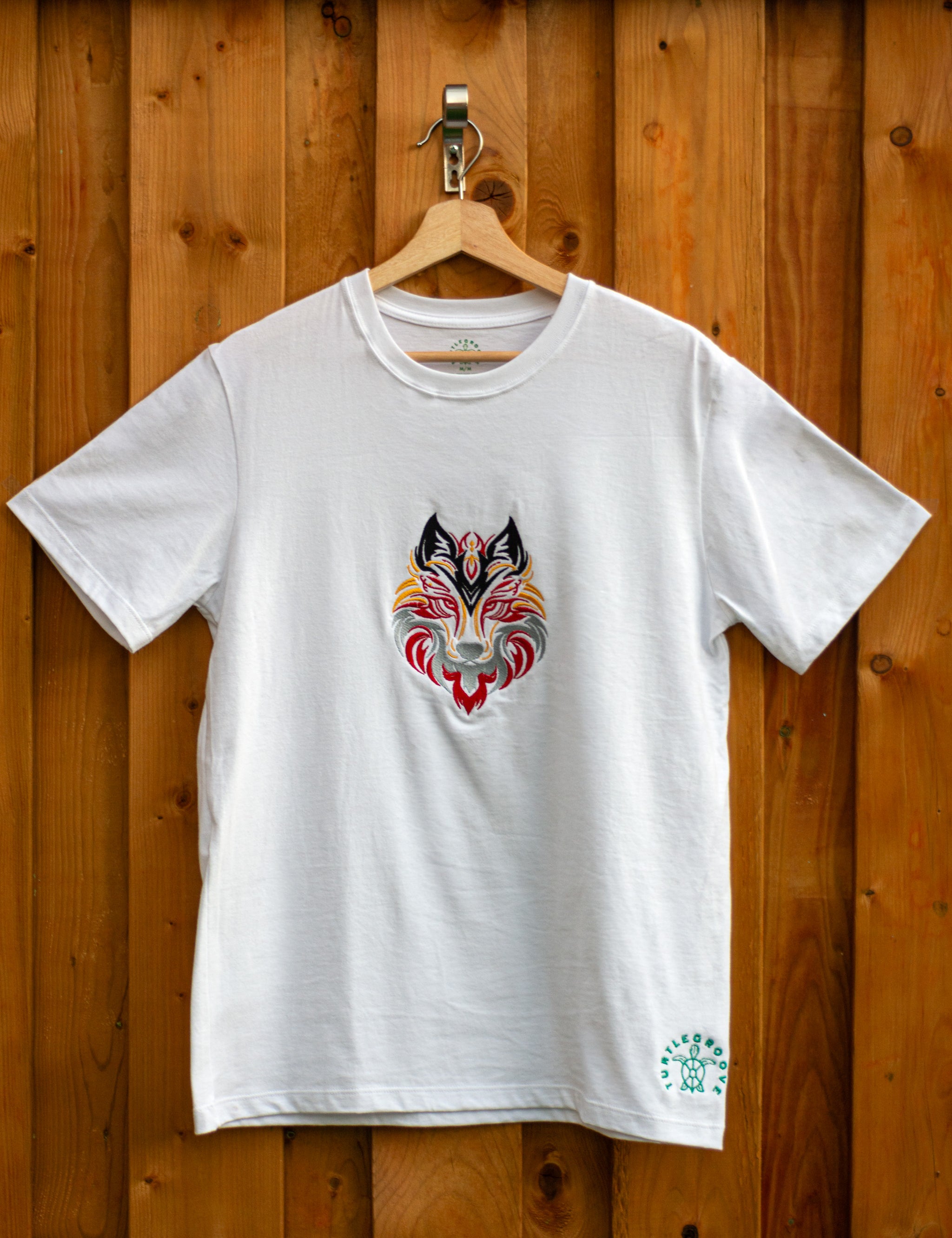 Flare Wolf embroidered t-shirt by TURTLEGROOVE – front view, white