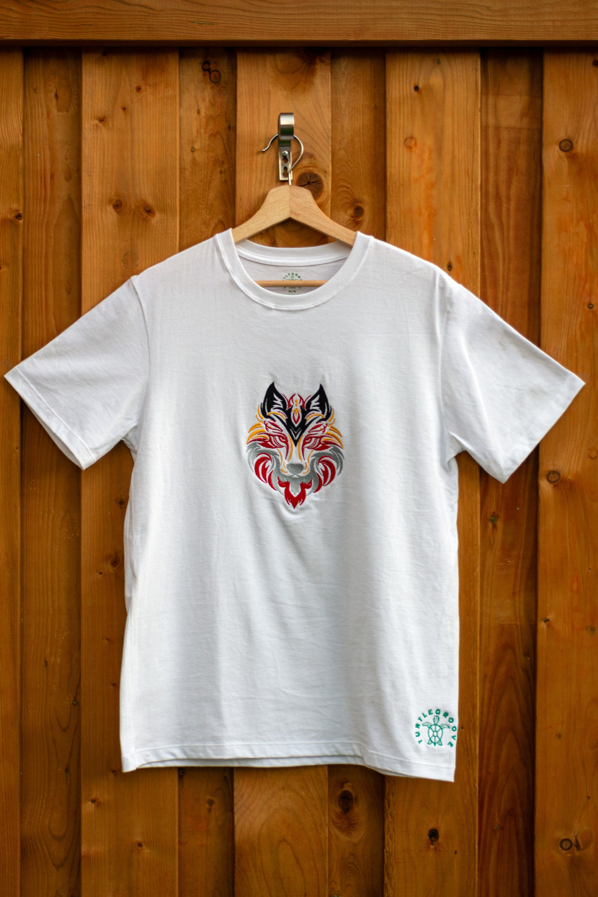 Flare Wolf embroidered t-shirt by TURTLEGROOVE – front view, white