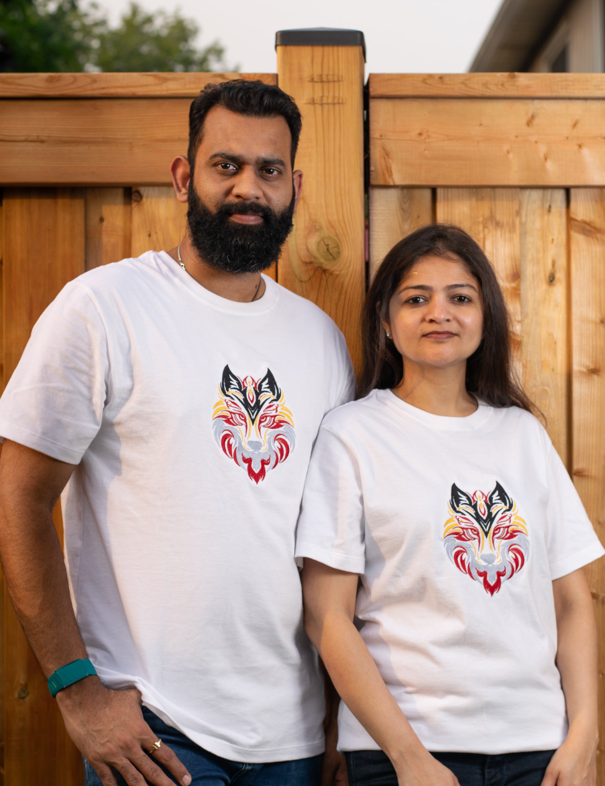Flare Wolf embroidered t-shirt by TURTLEGROOVE – model wearing, white