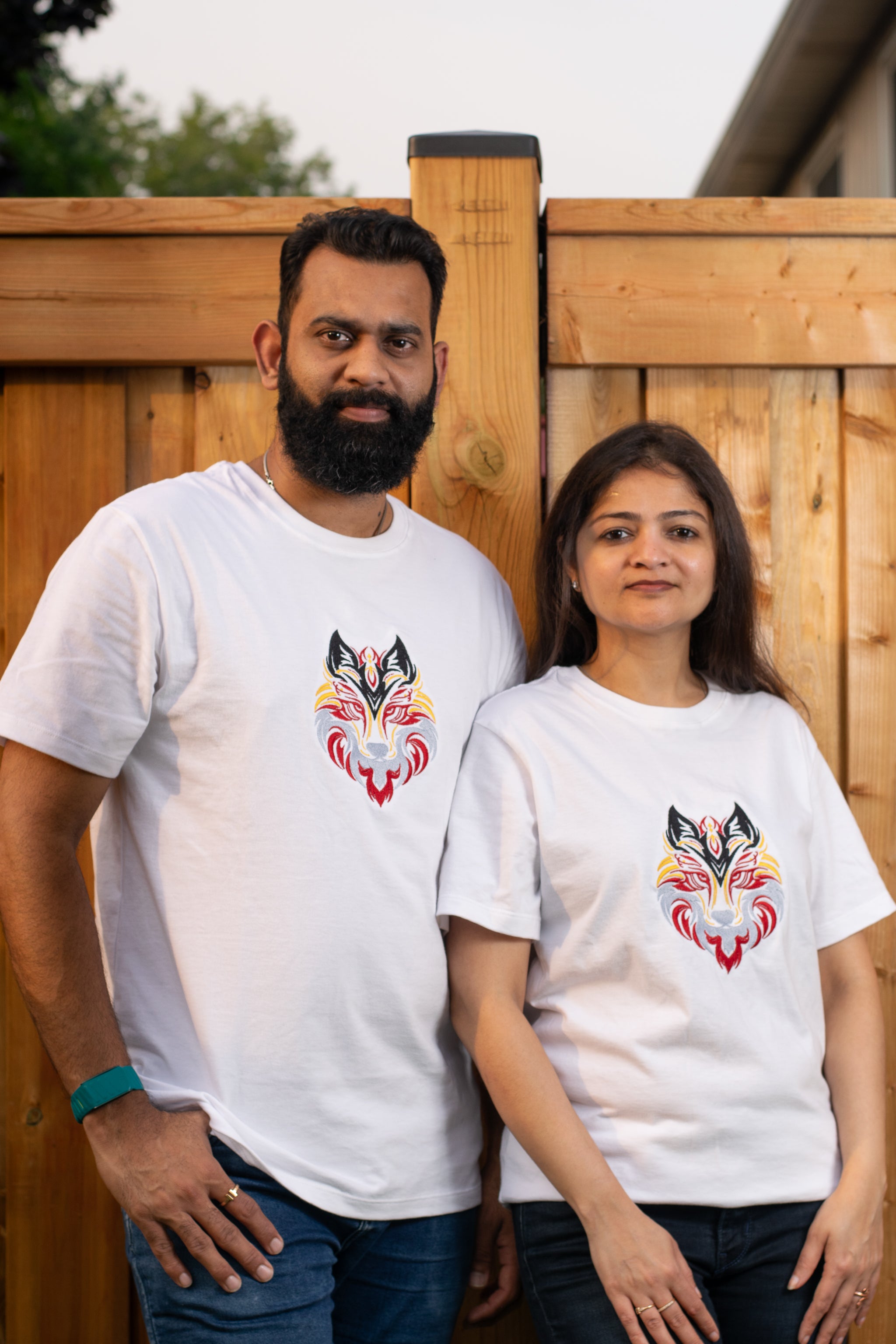 Flare Wolf embroidered t-shirt by TURTLEGROOVE – model wearing, white