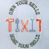 Own Your Skills embroidered t-shirt by TURTLEGROOVE – embroidery close-up detail, white