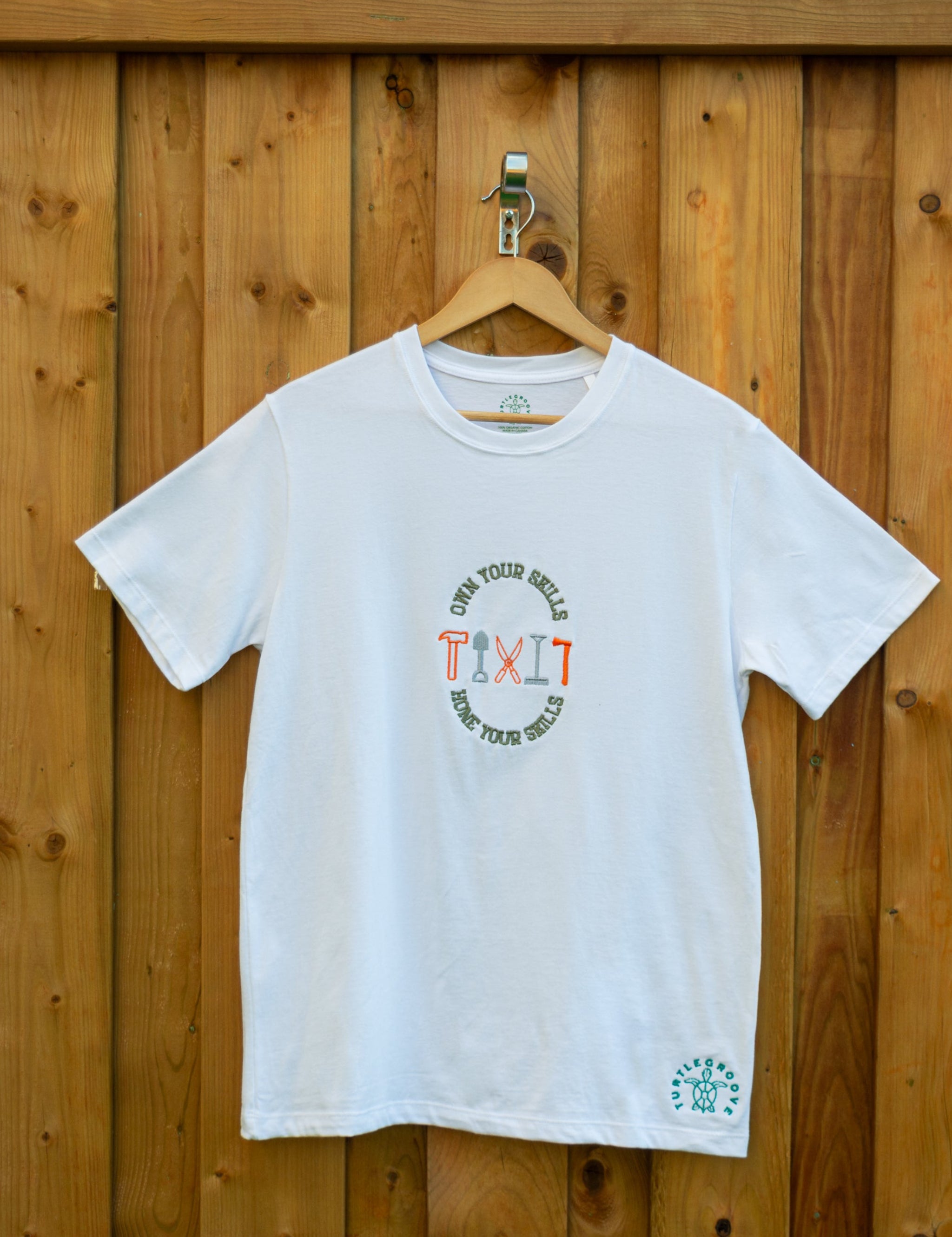 Own Your Skills embroidered t-shirt by TURTLEGROOVE – front view, white
