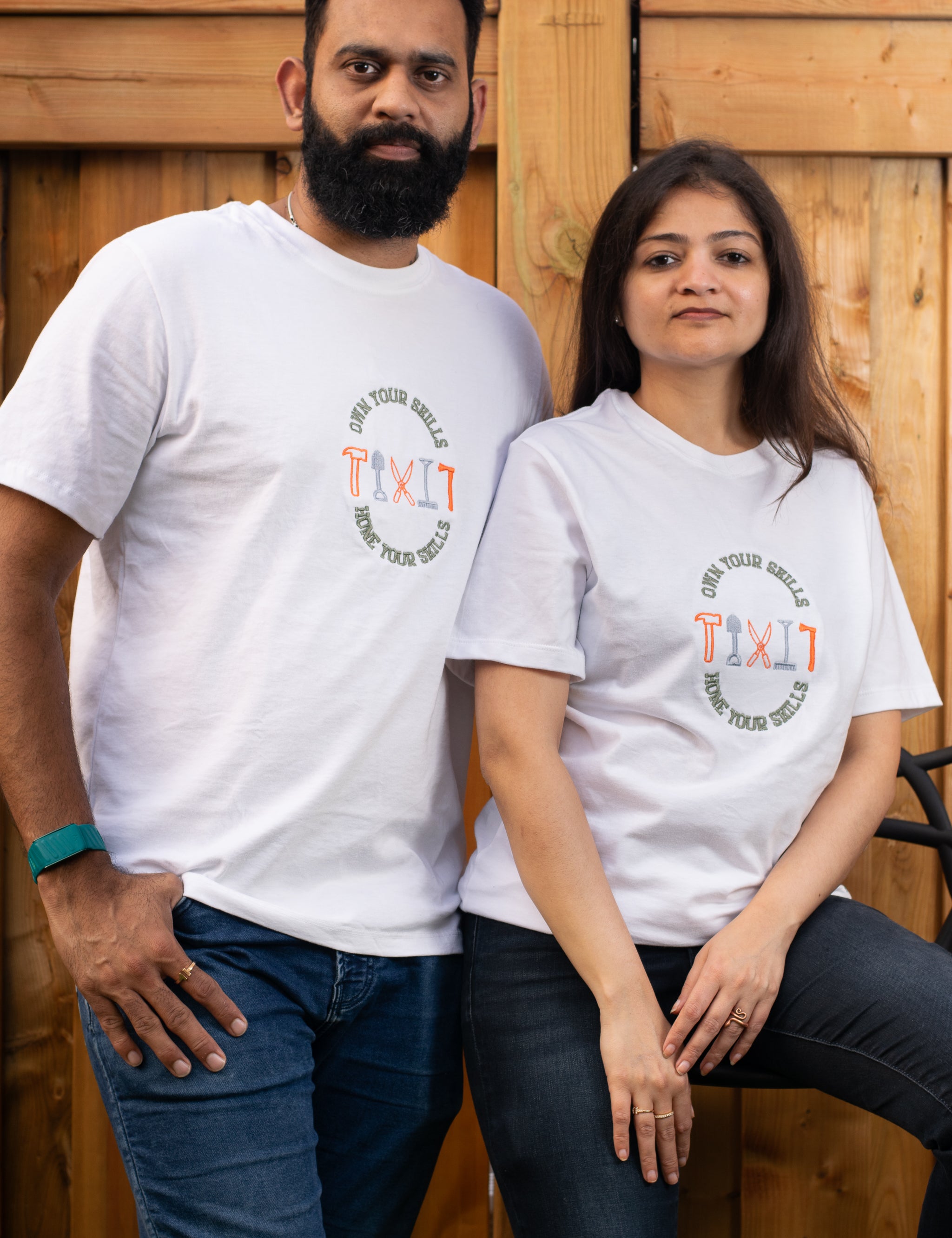 Own Your Skills embroidered t-shirt by TURTLEGROOVE – model wearing, white